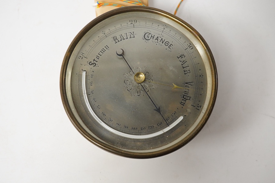 A Victorian brass four draw telescope, a drum cased aneroid barometer, coins and paper money, first day issues, etc. Condition - varies